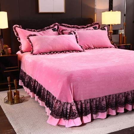 秋冬加厚純色法蘭絨床裙單件保暖加厚珊瑚絨床單罩床上用品三件套